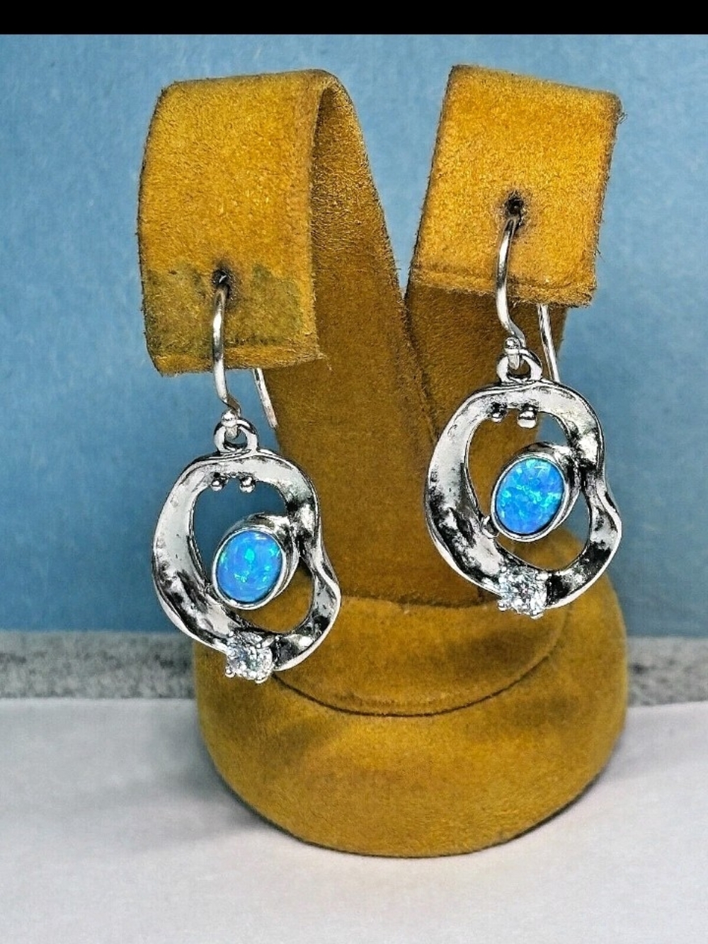 Sterling Silver Blue Opal Drop Earrings with Organic Open Circles